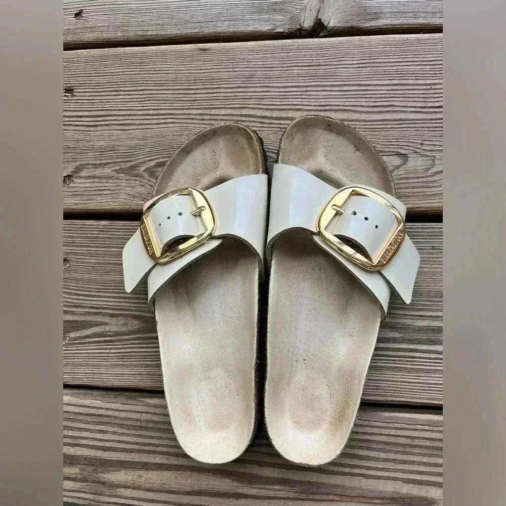 BIRKENSTOCK MADRID BIG BUCKLE SLIDE SANDALS NATURAL LEATHER PATENT Sz 36 (5-5.5)
